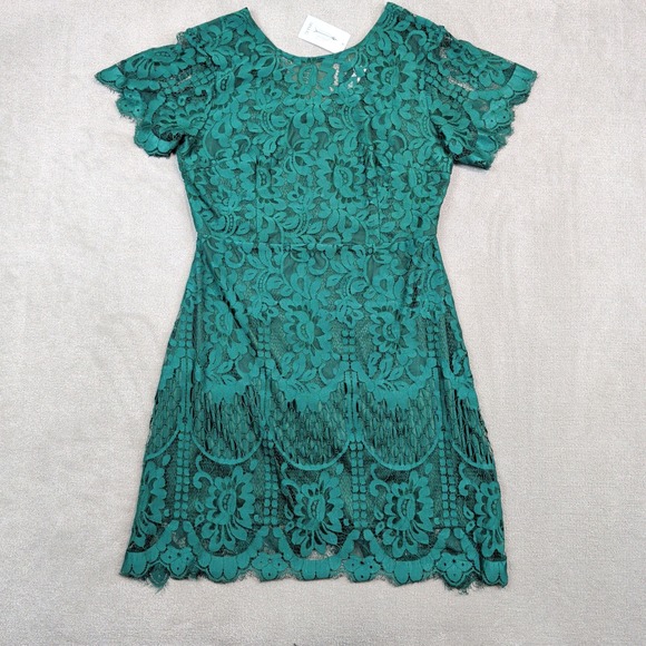 MSLG Romantic Floral Eyelash Lace Cocktail Dress XL Emerald Green Wedding Guest — photo 2